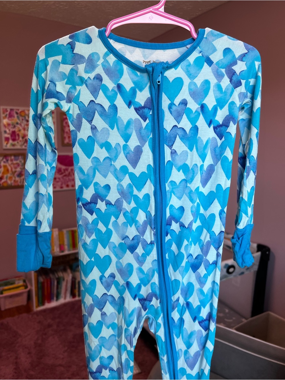 Little Sleepies Blue Watercolor Hearts Zippy 12-18M VGUC